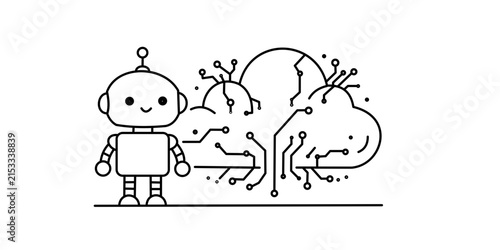 Cute robot standing next to a digital cloud network icon