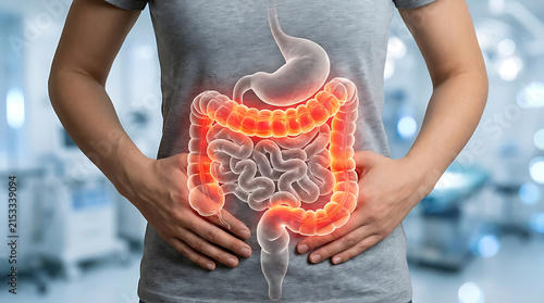 Human Digestive System Anatomy Showing Colon And Intestines With Inflammation Pain Concept Medical Illustration