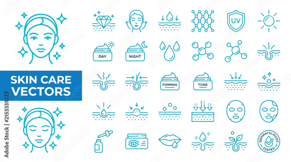 Fototapeta premium Skin care icons set featuring facial treatment products and dermatological procedures in blue gradient line art