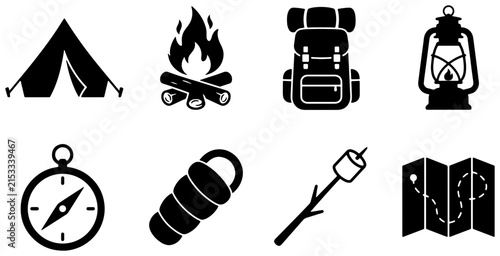 Camping Gear Icons Set, Outdoor Adventure Equipment Collection, Travel and Exploration Symbols, Vector Graphics for Nature and Recreation