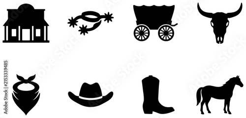 Western Icons Set: Cowboy Hat, Boots, Bandana, Wagon, Horse, Bull Skull, Spurs, Building, Vector Graphics