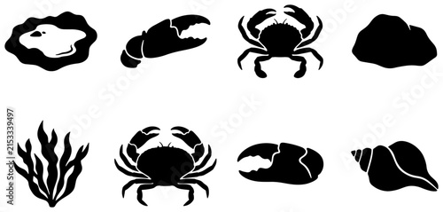 Seafood Icons Collection: Crab Claws, Oysters, Seaweed, Shells, and Rocks for Culinary and Marine Designs