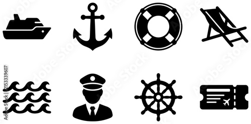 Nautical Icons Set: Cruise Ship, Anchor, Lifebuoy, Deck Chair, Waves, Captain, Ship's Wheel, Ticket - Vector Graphics for Maritime Travel and Leisure