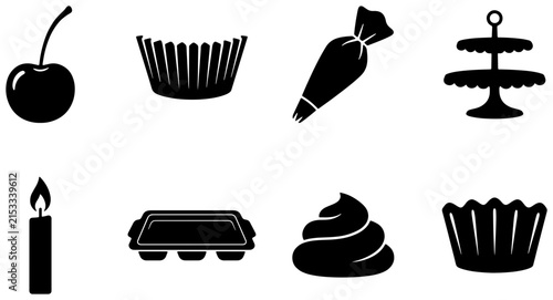 Baking Icons Set: Cherry, Cupcake Liner, Piping Bag, Tiered Stand, Candle, Muffin Tin, Frosting Swirl, Decorative Liner - Vector Graphics for Desserts and Celebrations