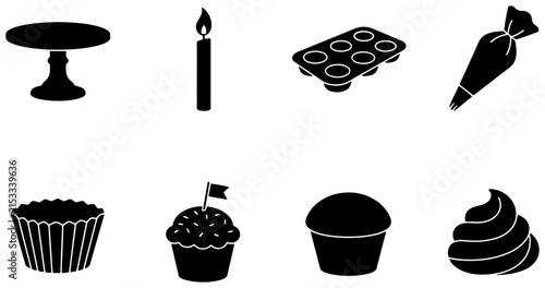 Baking Icons Set: Cake Stand, Candle, Muffin Tin, Piping Bag, Cupcake Liner, Decorated Cupcake, Plain Muffin, Frosting Swirl - Vector Graphics for Desserts and Celebrations