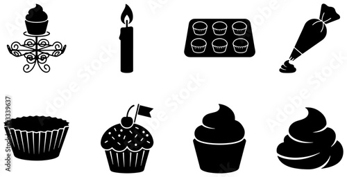 Baking Icons Set: Cupcake, Candle, Muffin Tin, Piping Bag, Frosting Swirls, Decorative Stand, Vector Graphics for Culinary Design