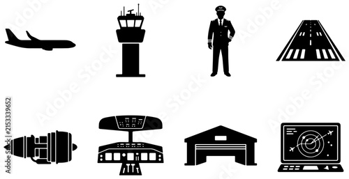 Aviation Icons Set: Airplane, Control Tower, Pilot, Runway, Jet Engine, Cockpit, Hangar, Radar Screen, Air Traffic Control, Aerospace Symbols