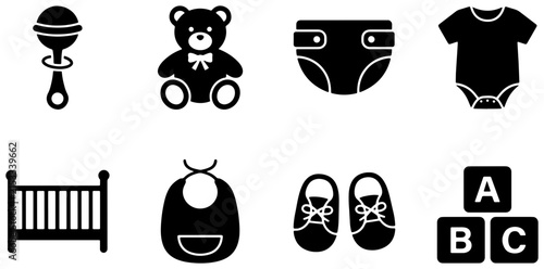 Baby Essentials Icons Set, Newborn Care Symbols Collection, Infant Items Vector Graphics, Toddler Gear Illustrations