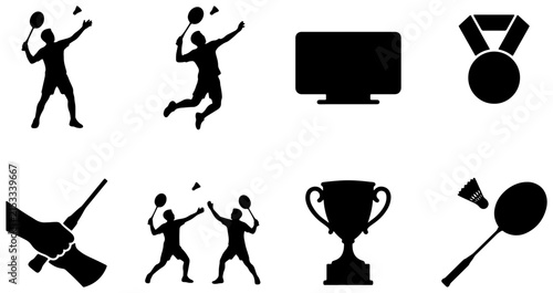 Badminton Sport Icons Set, Silhouette Athletes Playing, Shuttlecock, Racquet, Trophy, Medal, Computer Screen, Vector Graphics for Sports Events and Competitions