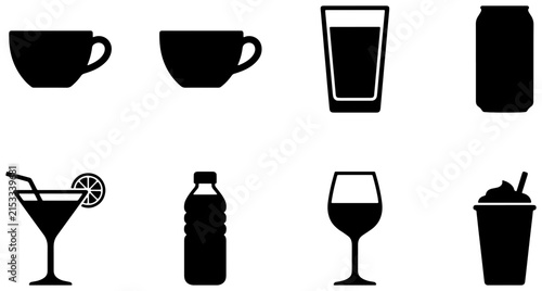 Set of 8 Black Beverage Icons: Coffee Cups, Martini Glass, Wine Glass, Water Bottle, Soda Can, Smoothie Cup, and Drink Glass