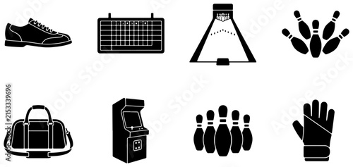 Sports and Games Icons Set: Bowling Pins, Scoreboard, Arcade Machine, Duffel Bag, Bowling Shoe, Goalie Glove, Bowling Lane