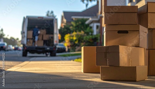 Cardboard Boxes on Sidewalk with Moving Van in Background on a Sunny Residential Street