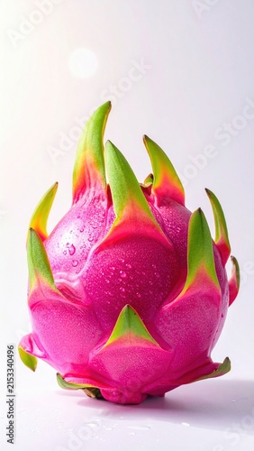 Vibrant Dragon Fruit with Water Droplets Against a Soft White Background Highlighting Freshness and Exotic Appeal