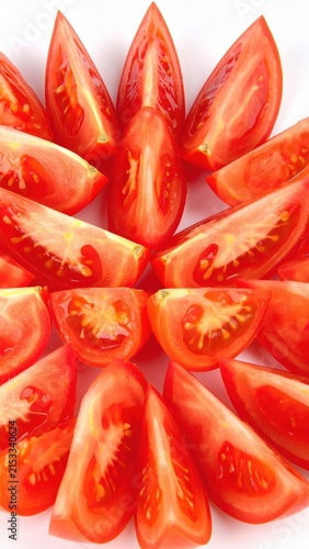 Freshly Sliced Red Tomatoes Arranged in a Circular Pattern on a White Background for Culinary and Healthy Eating Concepts