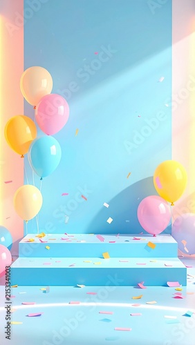 Vibrant Pastel Balloons and Confetti in a Colorful Room with Sunlit Shadows and Blue Background