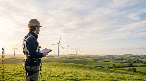 Wind Energy Technician Overseeing Turbines: A lone engineer in protective gear stands on a verdant hill, tablet in hand, surveying a vast wind farm under a dramatic sky.