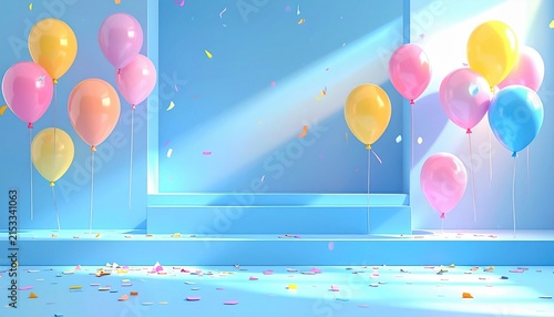 Colorful Balloons and Confetti in a Bright Blue Room with Sunlight Streaming Through Windows