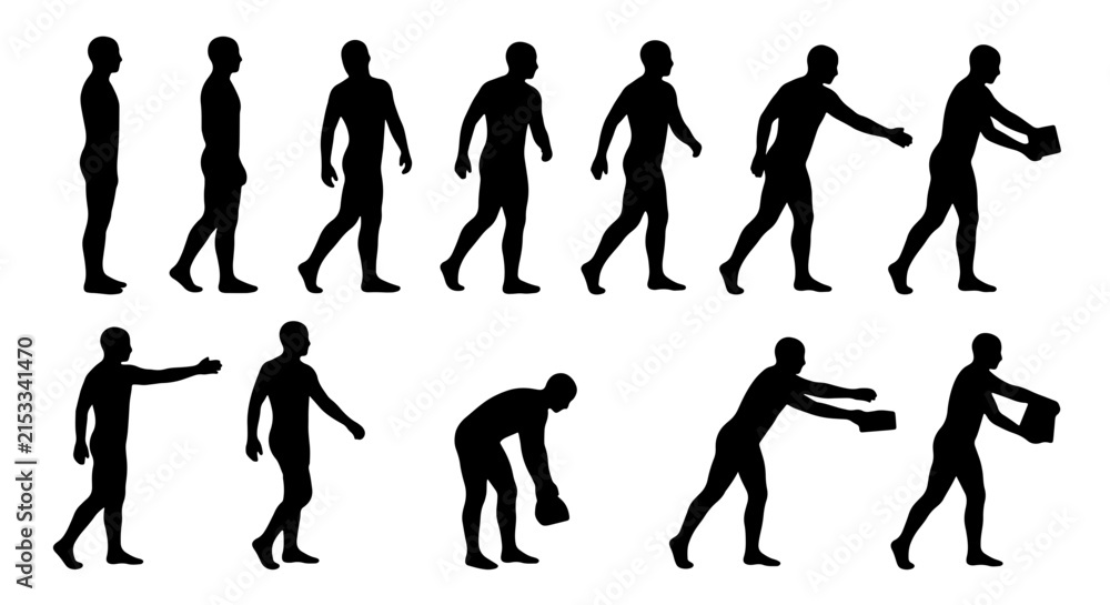 Obraz premium Silhouette Human Poses Collection, Male Figure Actions, Walking, Reaching, Lifting, Carrying, Vector Graphics Set for Animation and Design
