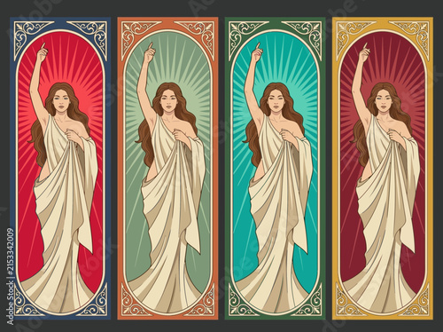 Cuadro en lienzo Art Nouveau Style Woman Illustration Set - Four Color Variations for Decorative