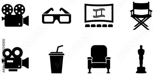 Cinema Icons Set, Movie Theater Graphics, Film Production Symbols, Entertainment Vector Collection