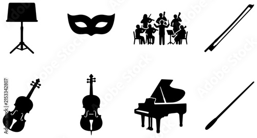 Vector Music Icons Set: Orchestra, Instruments, Performance Symbols, Sheet Music Stand, Masquerade Mask, Piano, Bow, Baton - Elegant Silhouette Collection