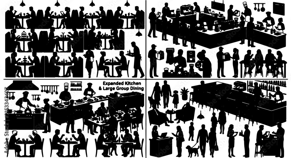 Fototapeta premium Restaurant Dining and Bar Scenes, Silhouette Icons Set: Expanded Kitchen & Large Group Dining, 25 Elements