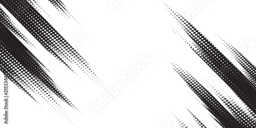 Abstract Black Halftone Grunge Background Vector with Diagonal Distressed Brush Strokes and Fading Dotted Texture, Dynamic Modern Comic Style Design with Copy Space