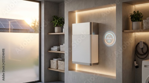 A modern home energy storage battery system mounted in a sleek utility room, showing 100% capacity with a glowing circular status indicator, with solar panels visible outside.