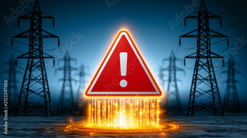 High Voltage Electric Tower Model Beside Glowing Power Warning Caution Icon
