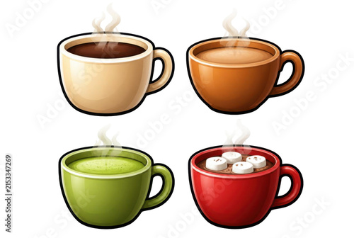 Set of pixel art coffee and hot beverage cups with steam, warm drinks and cafe element