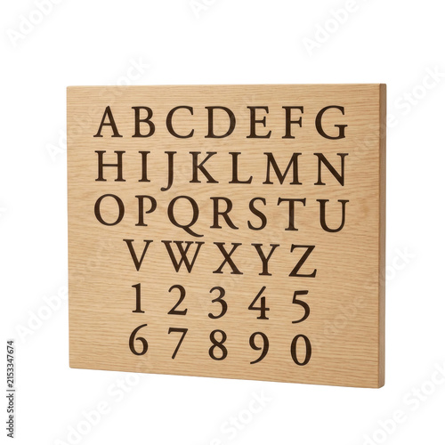 Wooden alphabet and numbers engraved plaque showcasing uppercase letters and digits, educational design element