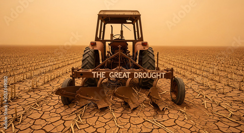 Vintage Tractor in Barren Field Under Sky Representing Great Drought