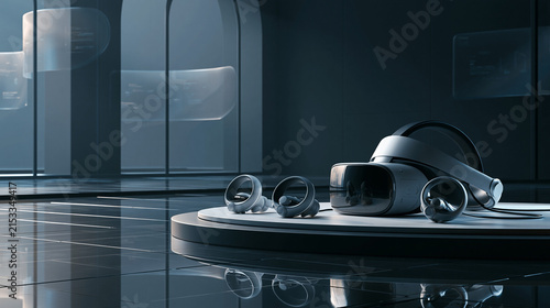 Virtual reality headset and controllers on a futuristic display platform for immersive entertainment and gaming experiences.