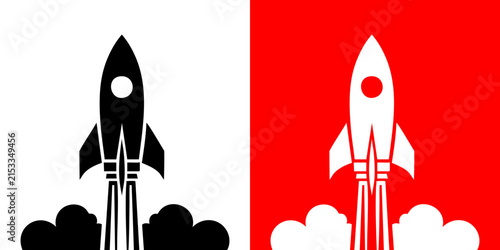 A striking rocket launch illustration featuring a minimalist spacecraft taking off with smoke clouds