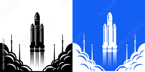 A striking illustration of a powerful rocket launch ascending into the sky with thick exhaust plumes