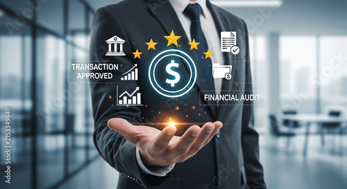 Financial audit concept with businessman, transaction approved icon, corporate banking service