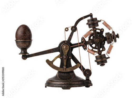 Steampunk brass egg scale device weighing a speckled egg on black background, vintage mechanical invention with brass gears, copper springs, and complex counterweight for antique science concept