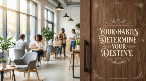 Bright Modern Coffee Shop with Natural Light, Cozy Seating, Green Plants, and Inspirational Wooden Sign Displaying Motivational Quote