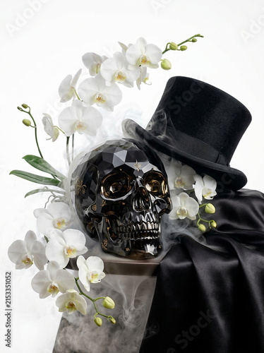 Black skull with top hat and white orchids