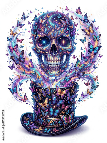 Colorful skull with butterflies and top hat illustration