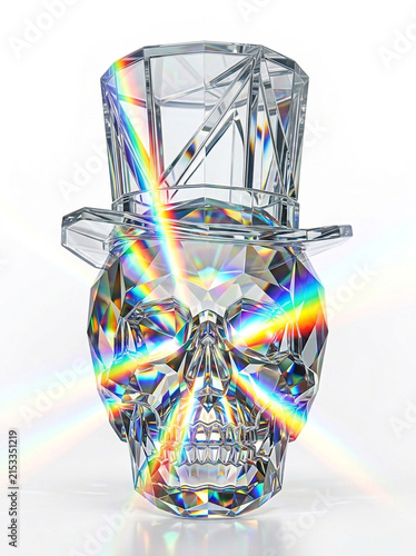 Crystal skull with top hat and rainbow refractions