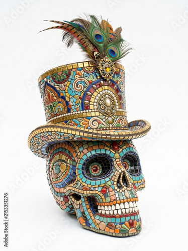 Decorative Mosaic Skull with Feathered Top Hat