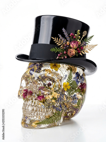 Decorative glass skull with top hat and dried flowers