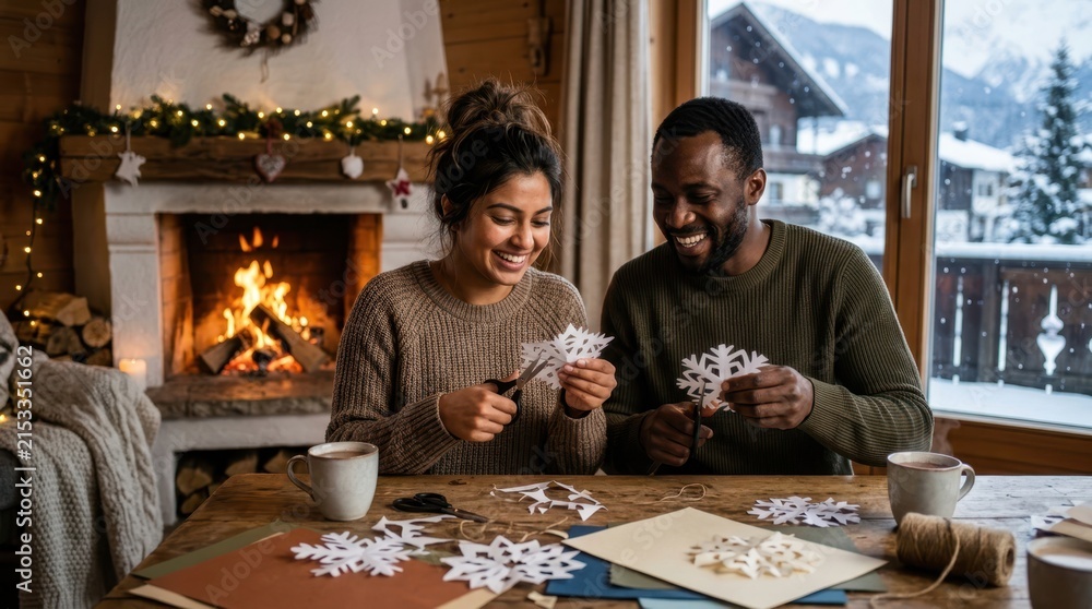 Obraz premium Couple enjoys making paper snowflakes by a cozy fireplace during winter vacation