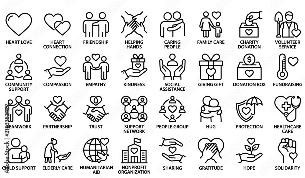 Obraz premium Love Friendship Care and Charity Editable Stroke Outline Icons Set Pixel Perfect Vector Collection