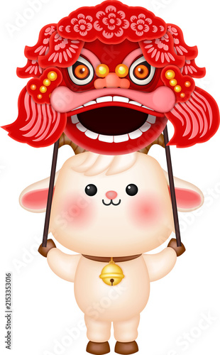 Cute Goat Holding Chinese Lion Dance Head