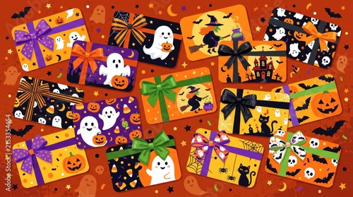 Diverse Set of Halloween Themed Gift Cards with Playful Illustrations and Ribbons.