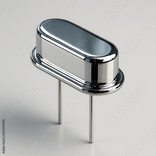 Shiny cylindrical crystal unit with dual pin leads for board mounting