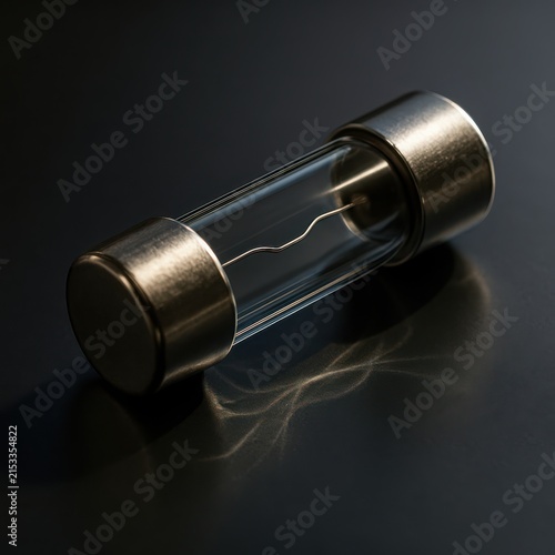 Standing glass cartridge fuse with reflective steel terminals on both ends