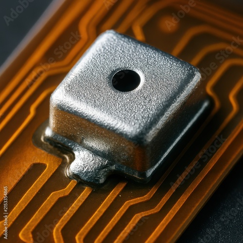 Close-up of an SMD sensor housing mounted over copper board pathways
